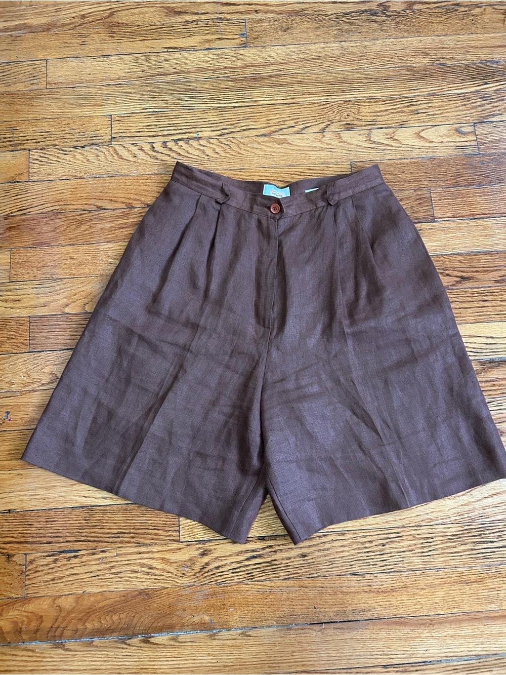 Talbots Brown High-Waist Pleated Linen-Blend Shorts